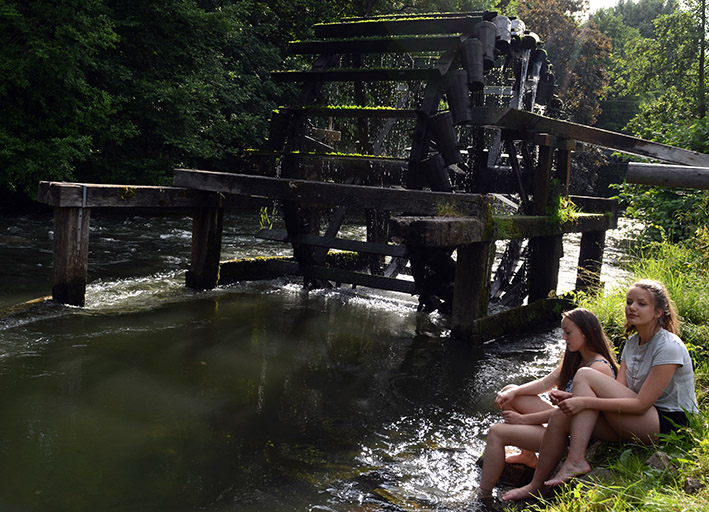 Idylle am historischen Wasserrad an der Pegnitz in Nürnberg